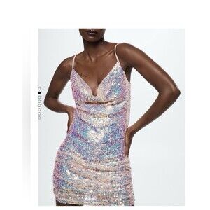 MNG Dress Size 10 L Pink Sequin Sparkle Ruched Mini Slip Cowl Neck Party Mango